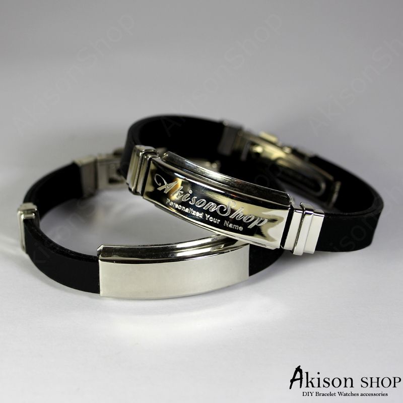 Personalized Name Bracelet Fashion Stainless Steel Rubber Silicone Bangle Bracelet Jc001-black