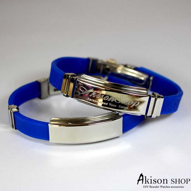 Personalized Name Bracelet Fashion Stainless Steel Rubber Silicone Bangle Bracelet Jc001-blue