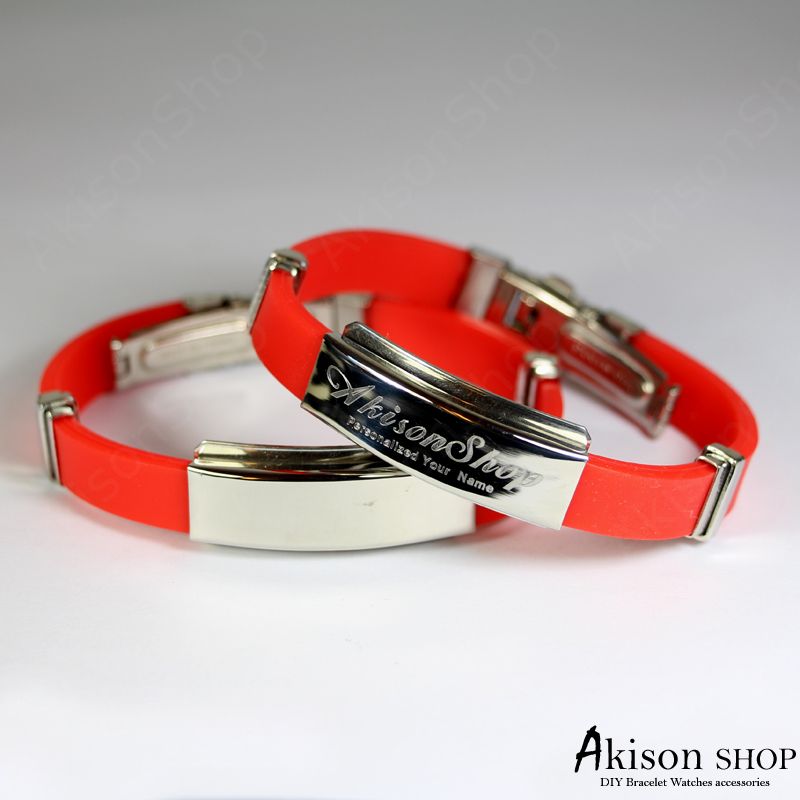 Personalized Name Bracelet Fashion Stainless Steel Rubber Silicone Bangle Bracelet Jc001-red
